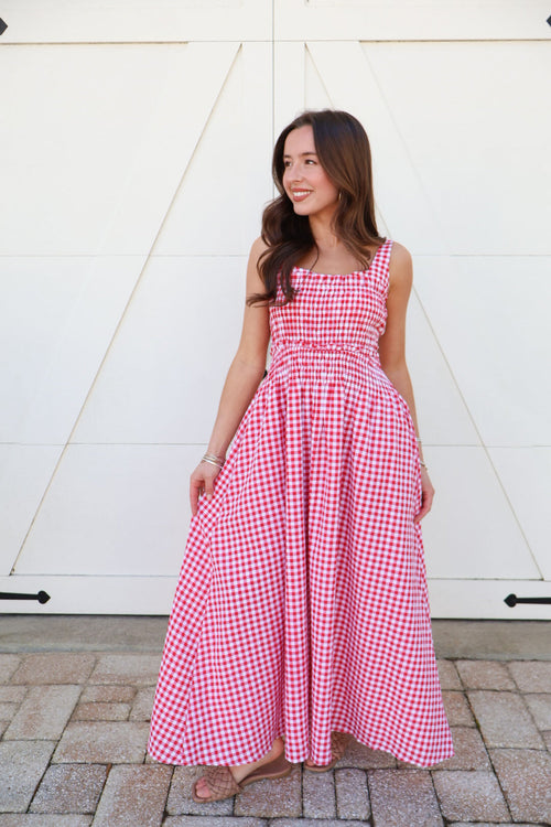 Red Gingham Midi Dress