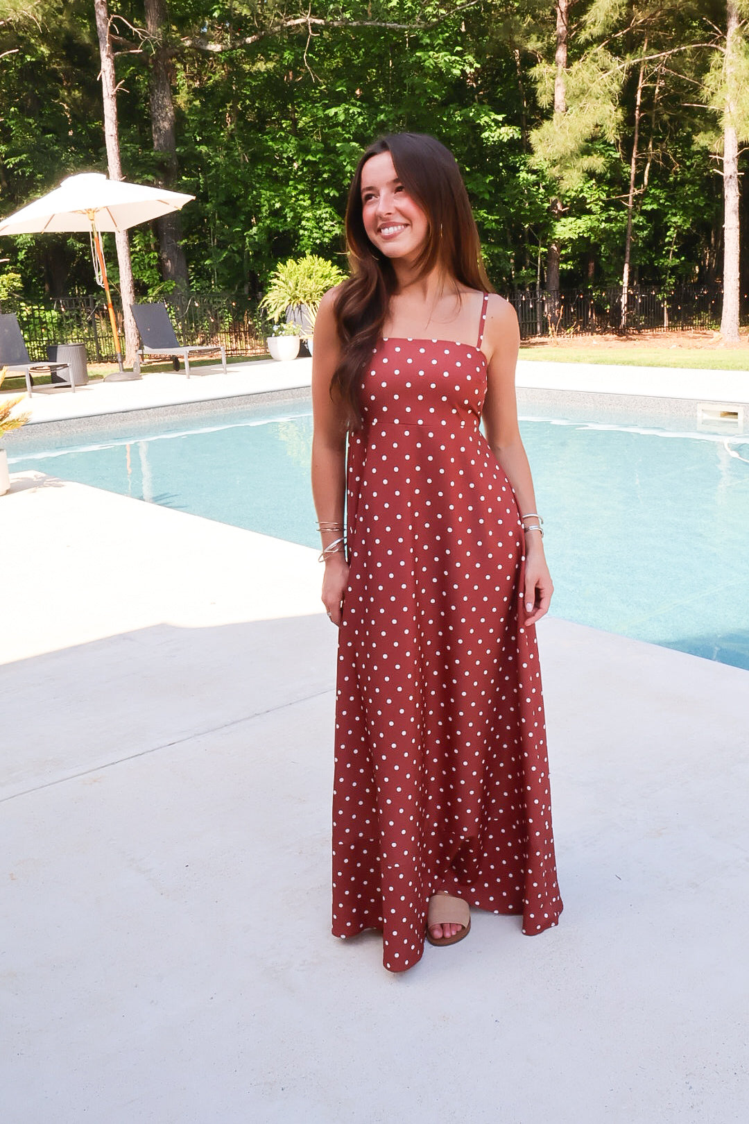 Brown + White Polka Dot Maxi Dress