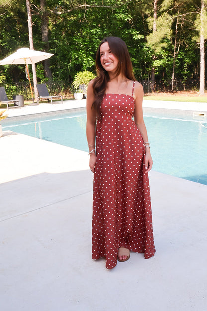 Brown + White Polka Dot Maxi Dress
