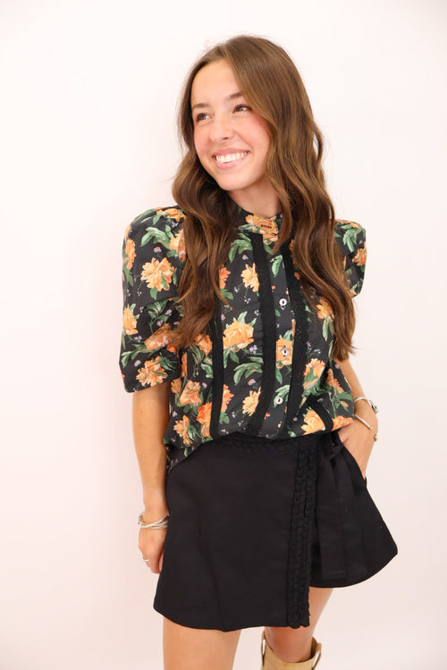 Midnight Marigold Floral Puff Sleeve Top