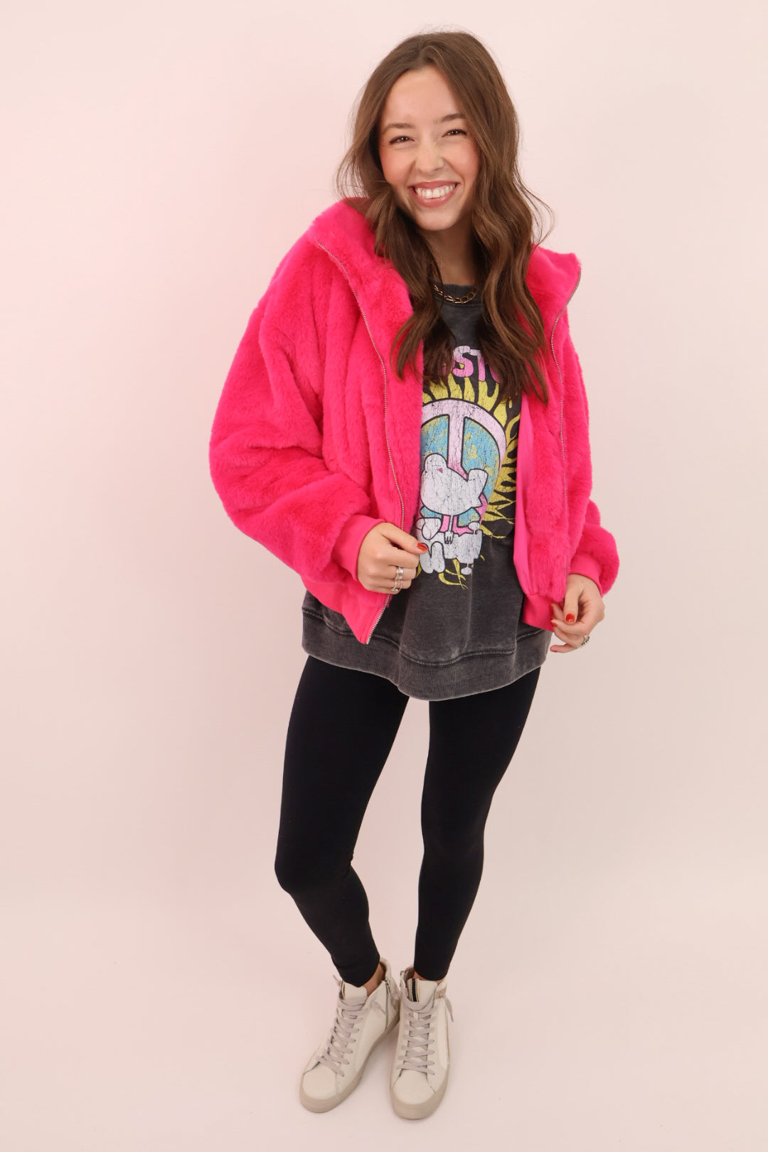Faux Fur Bomber Jacket - Fuchsia