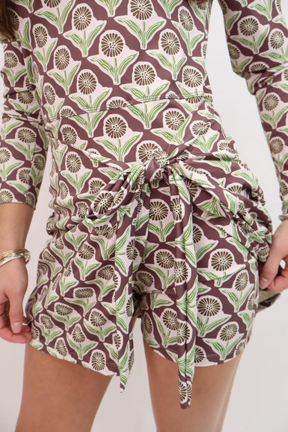 Weekend Wrap Athletic Romper - Brown Floral Block