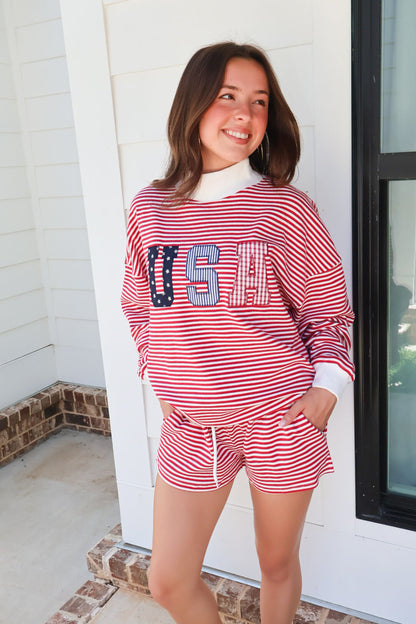 USA Patchwork Mockneck Pullover & Shorts Set