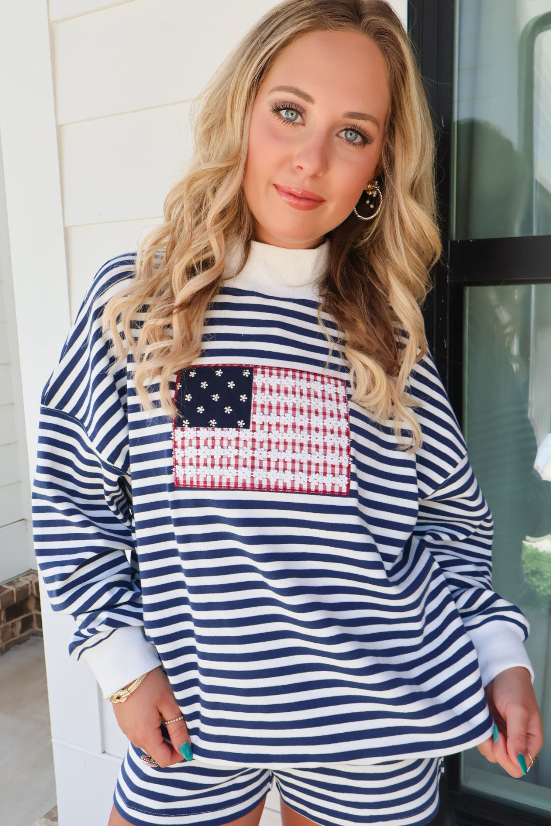 Flag Embroidered Mockneck Pullover & Shorts Set
