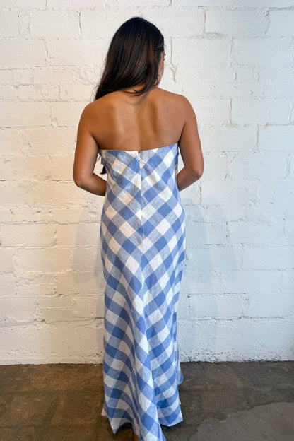Erin Strapless Linen Gingham Maxi Dress