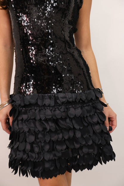 Black Sequin and Satin Feather Mini Dress