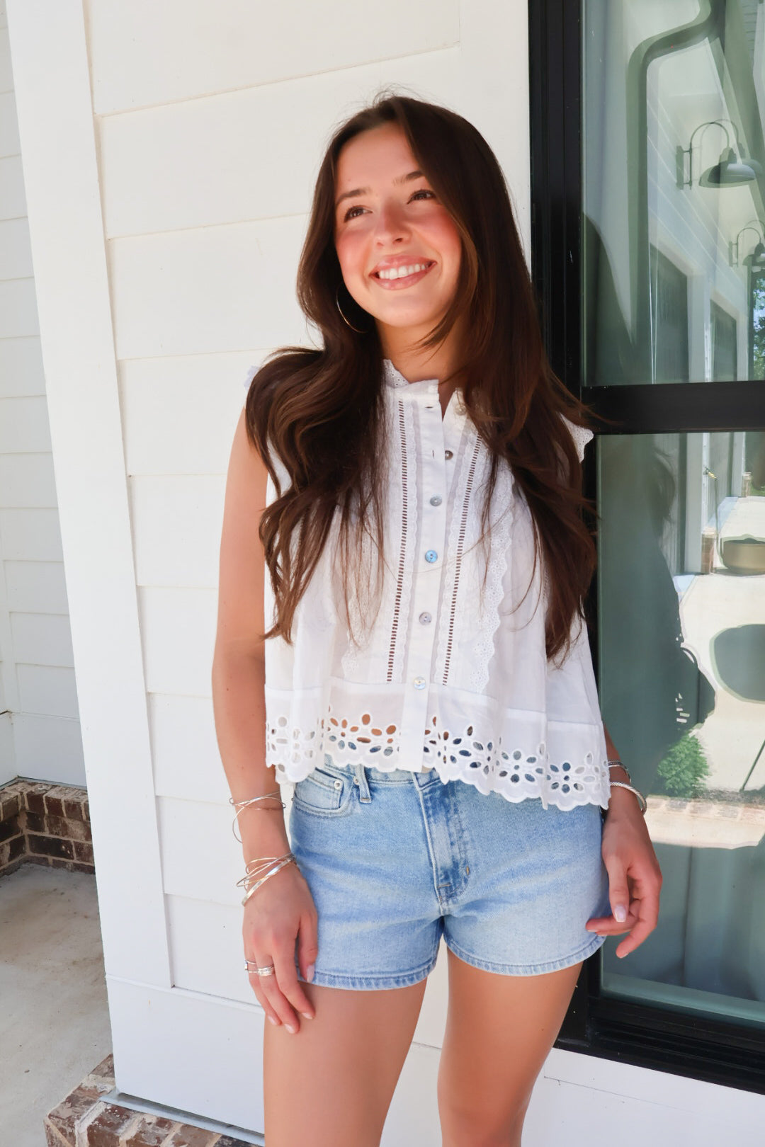 White Eyelet Button-Front Top