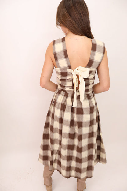 Brown Plaid Sleeveless Midi Dress