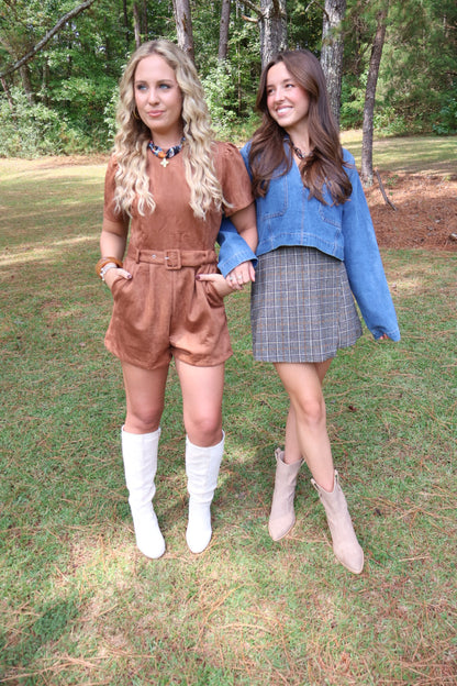 Faux Suede Belted Camel Romper
