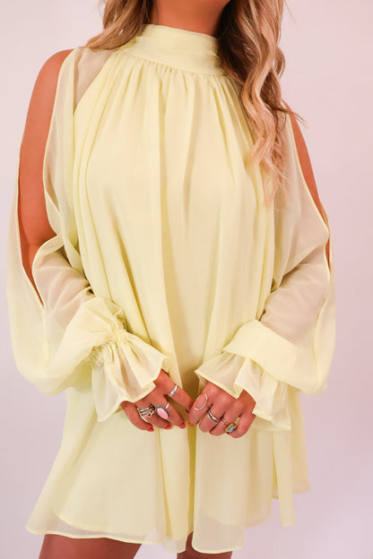 Citron Open Shoulder Chiffon Mini Dress