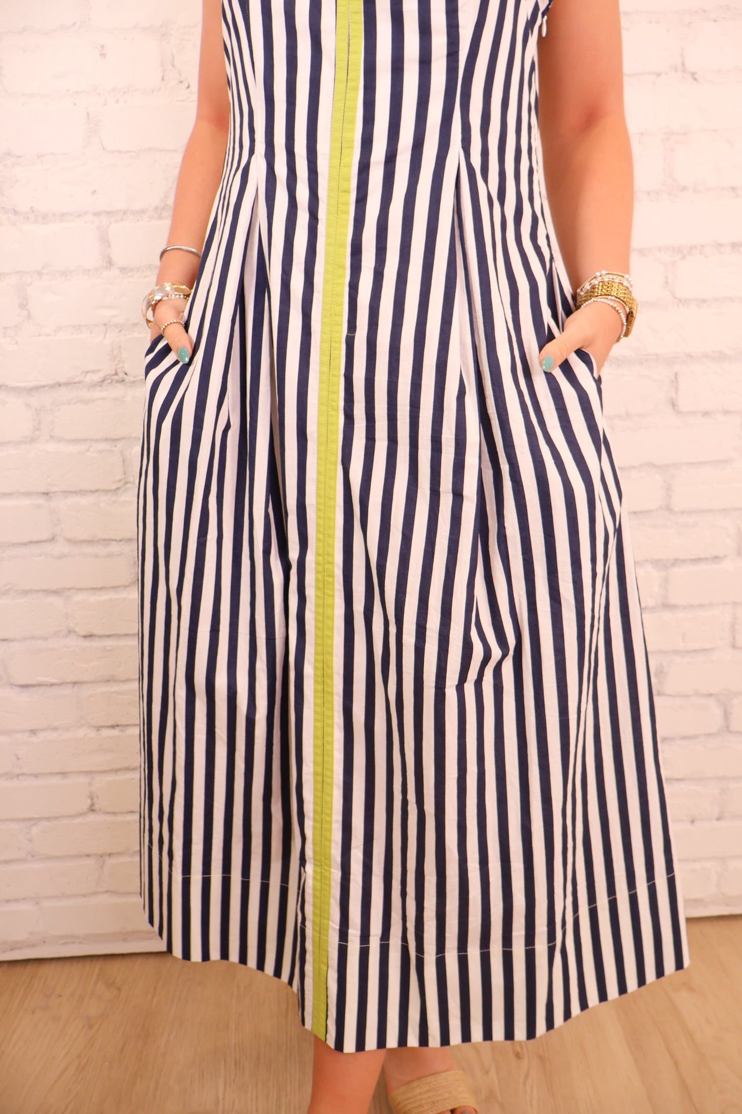 Green Trim Striped Midi Dress