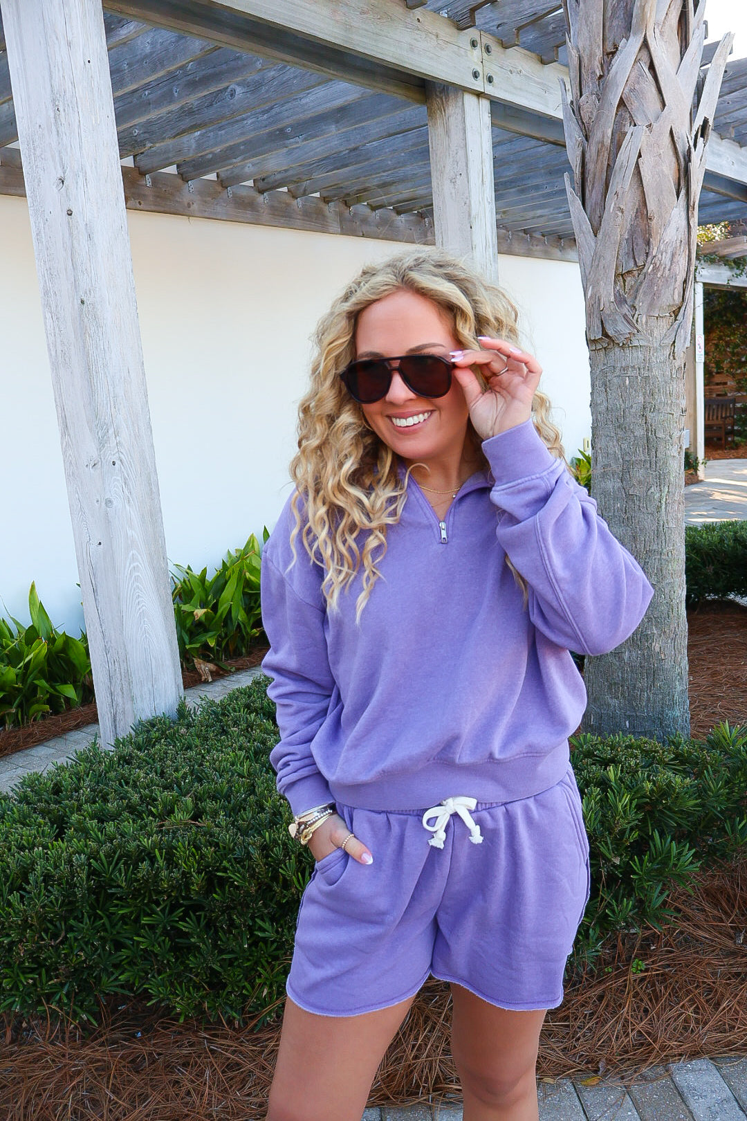Half-Zip Pullover Lounge Shorts Set - Purple
