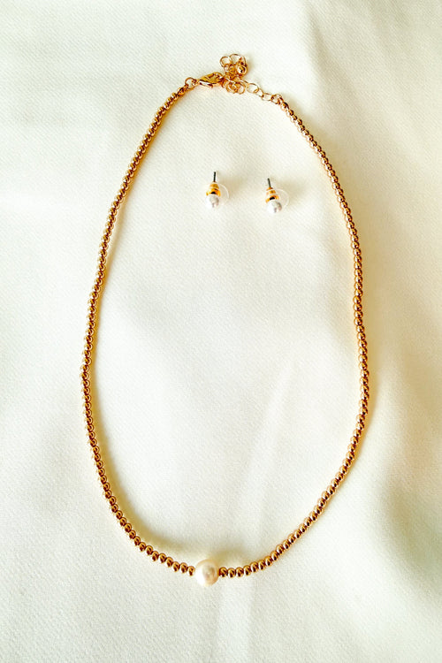 Freshwater Pearl Studs with Pearl Gold Bead Necklace
