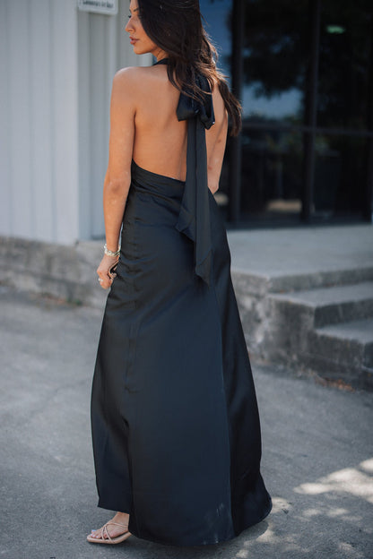 Soiree Satin Halter Maxi Dress (Black) FINAL SALE