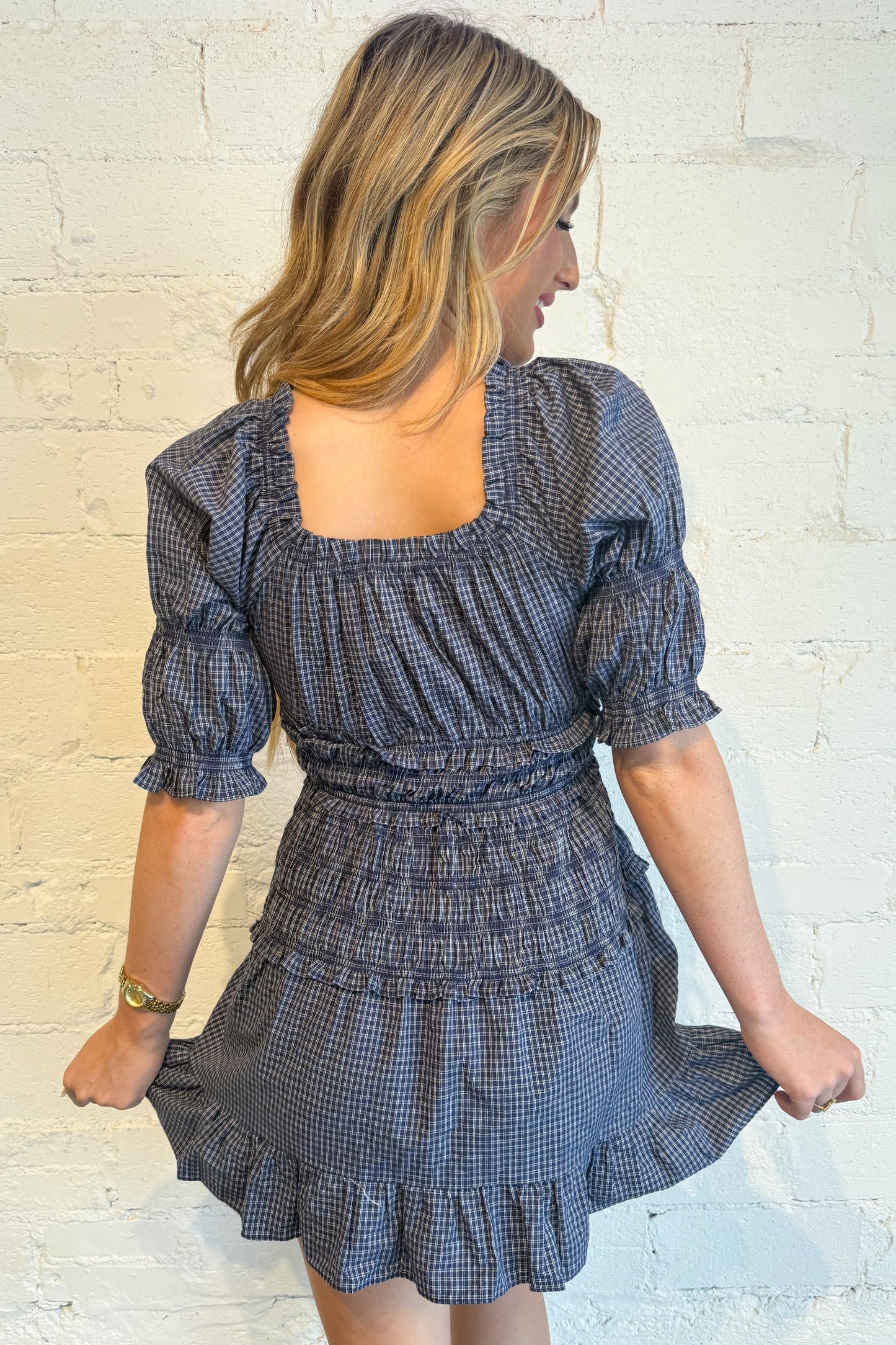 Hazel Gingham Smocked Ruffle Mini Dress
