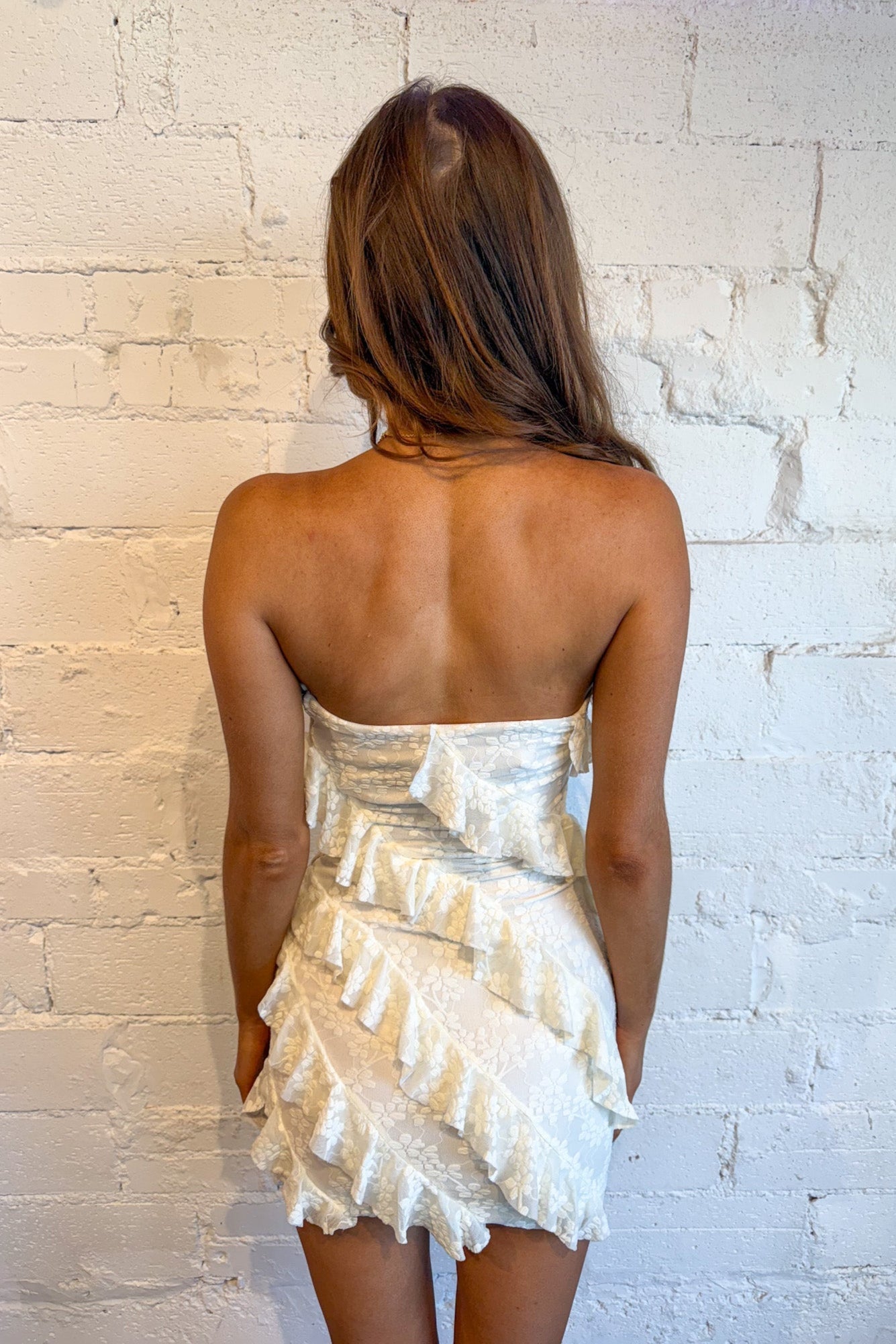 Off White Ruffle Tube Mini Dress