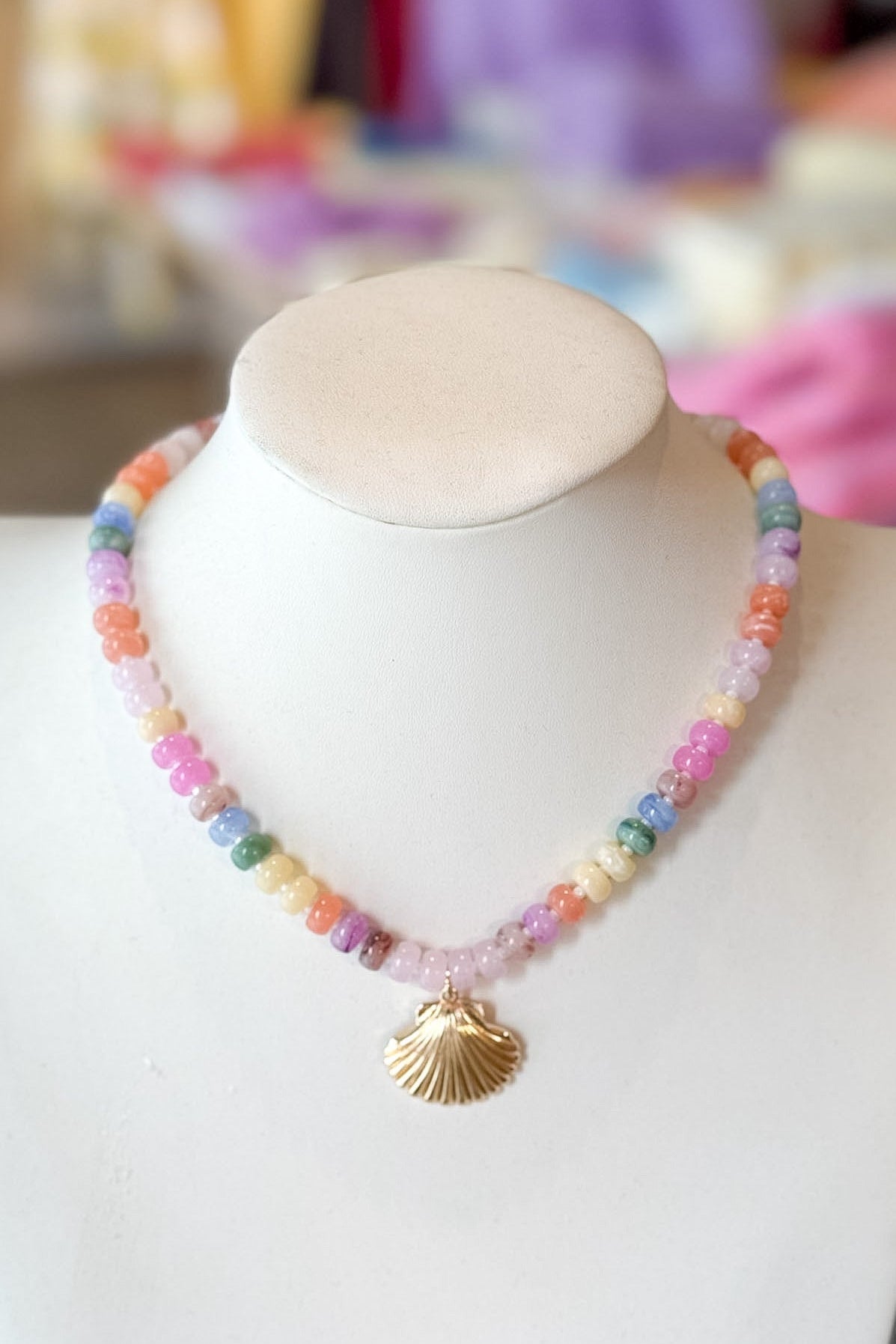 Rainbow Beaded Gold Shell Necklace