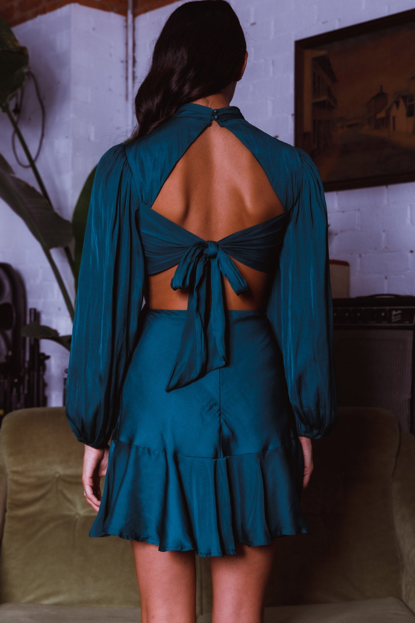 Feels Like Home Long Sleeve Cut-Out Dress Forest Green