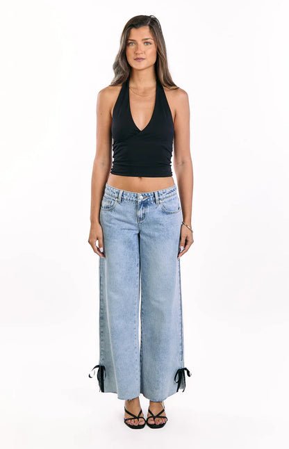 Willabelle Light Wash Denim Bow Hem Low Rise Jeans