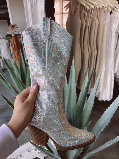Rodeo Rhinestone Boots (Silver) FINAL SALE