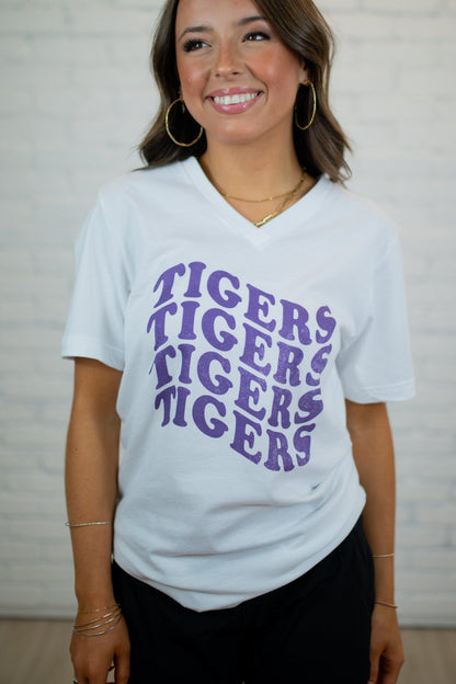 Wavy Tiger V-Neck Tee - White