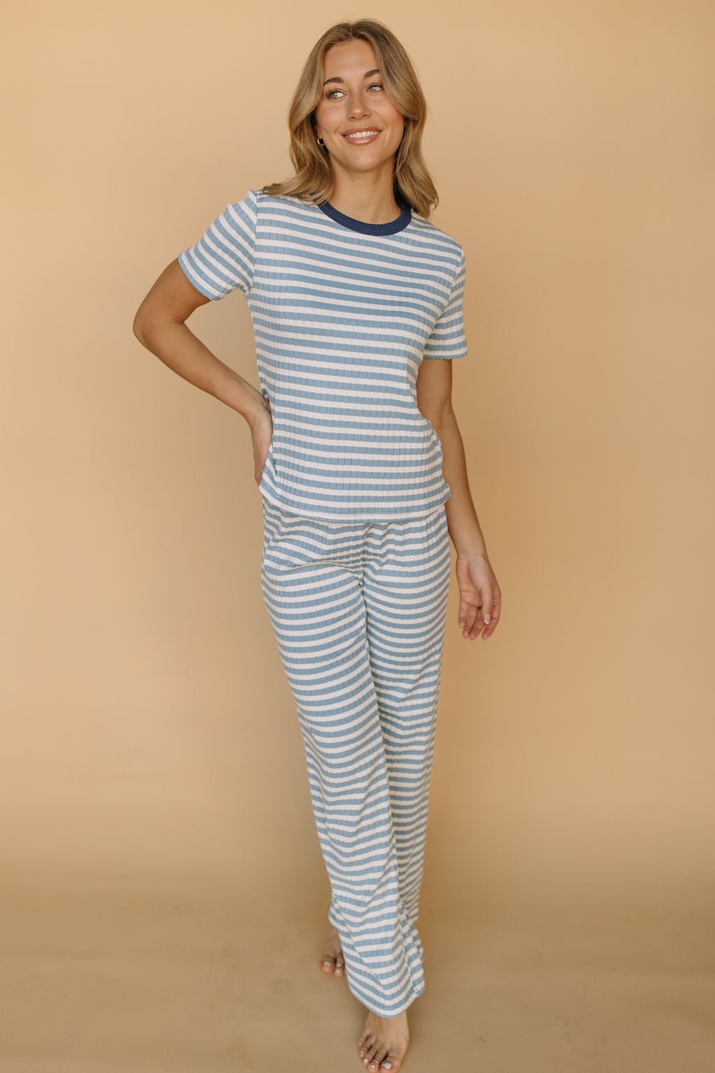 Leni Ribbed Stripe Pants in Light Blue
