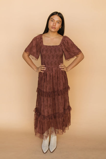 Hallie Mesh Maxi Dress in Chocolate
