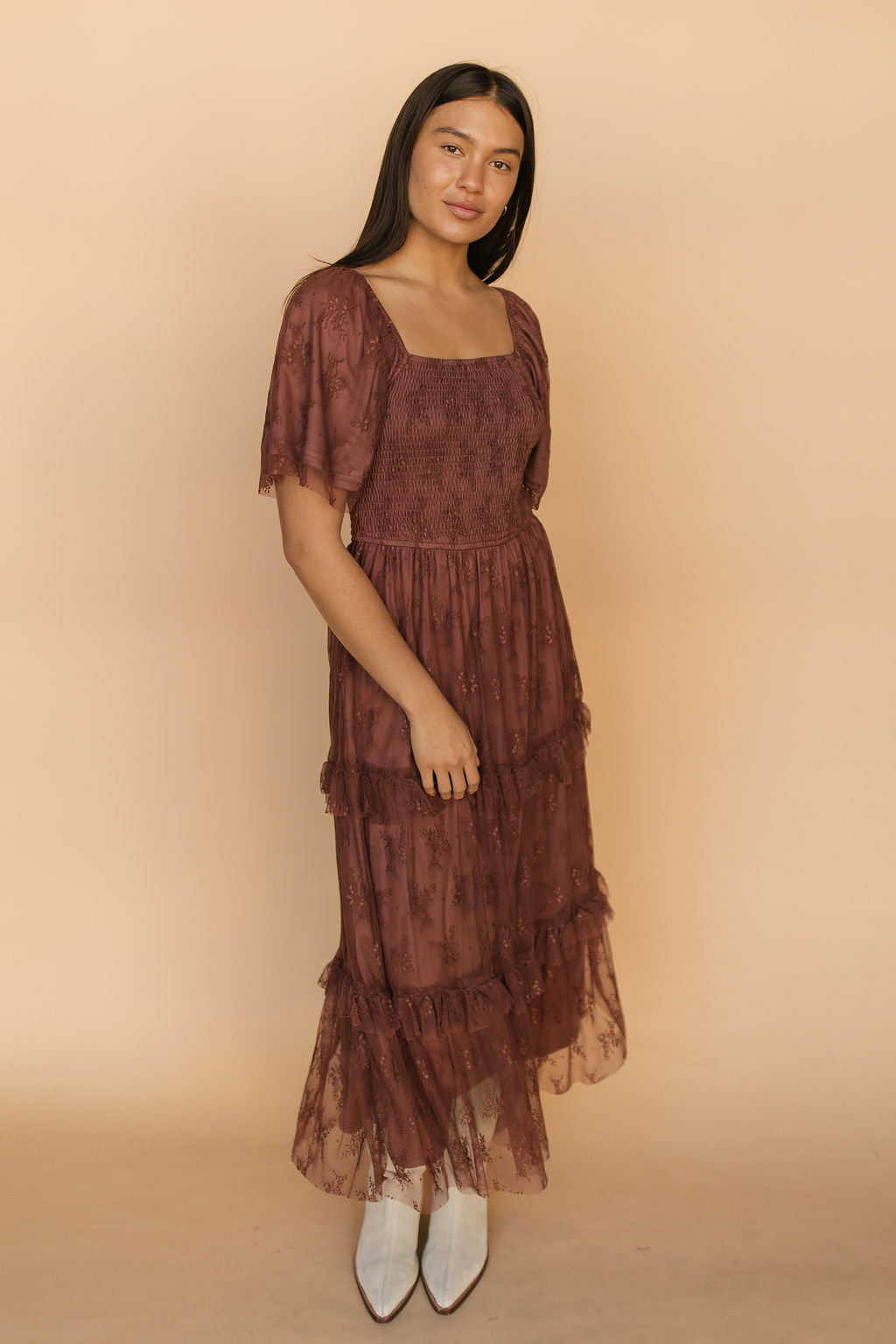 Hallie Mesh Maxi Dress in Chocolate