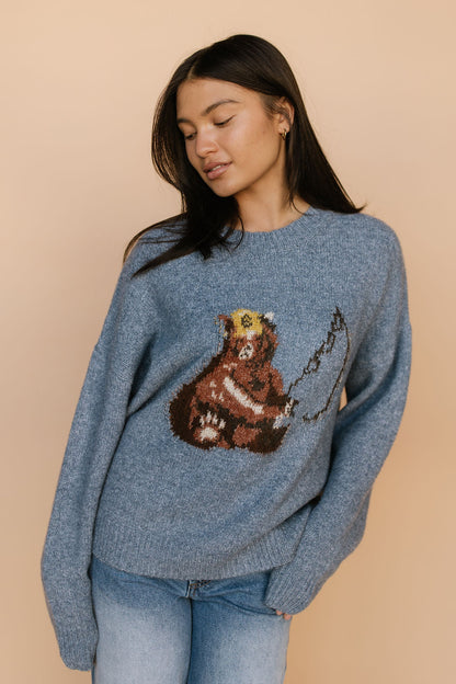 Gone Fishing Knit Sweater in Dusty Blue