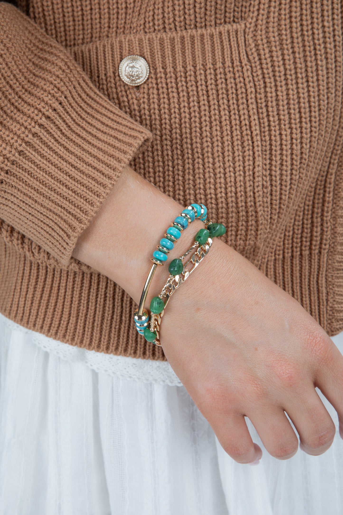 Addy Green Beaded Layered Chain Bracelet