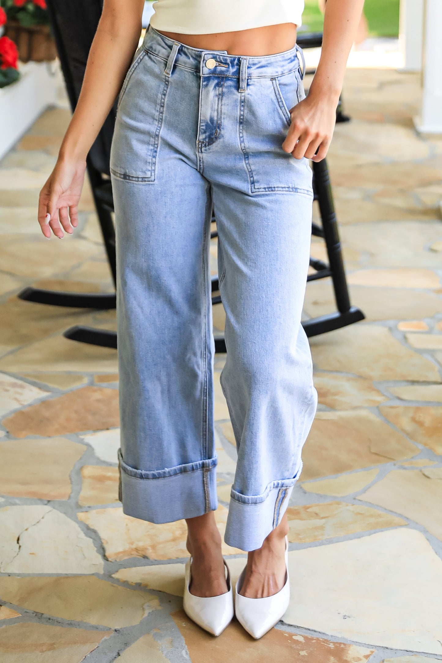 Camille Light Wash High-Rise Cuffed Wide Leg Jeans