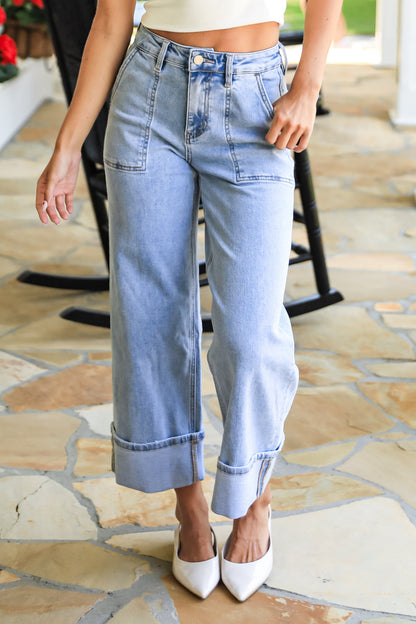 Camille Light Wash High-Rise Cuffed Wide Leg Jeans