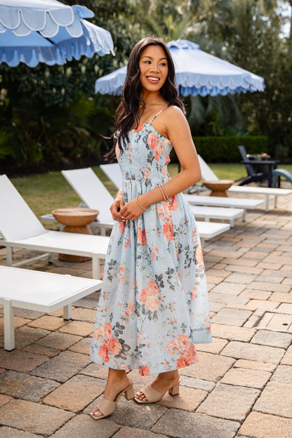 Calm And Composed Blue Floral Smocked Midi Dress