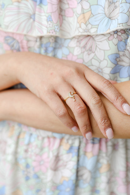 Anna Gold Rhinestone Star + Moon Ring