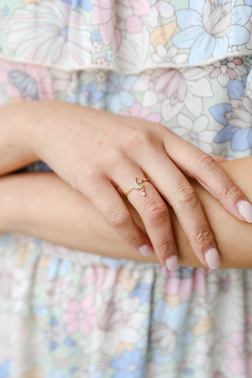 Anna Gold Rhinestone Star + Moon Ring