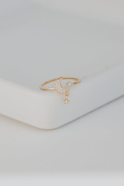 Anna Gold Rhinestone Star + Moon Ring