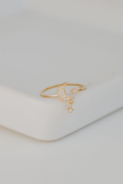 Anna Gold Rhinestone Star + Moon Ring