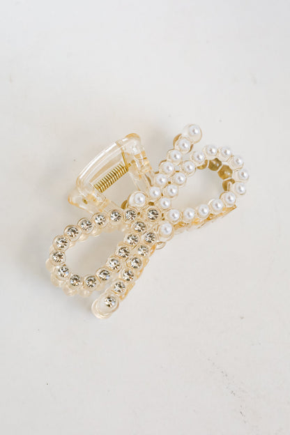 Bejeweled Beauty Rhinestone + Pearl Bow Claw Hair Clip